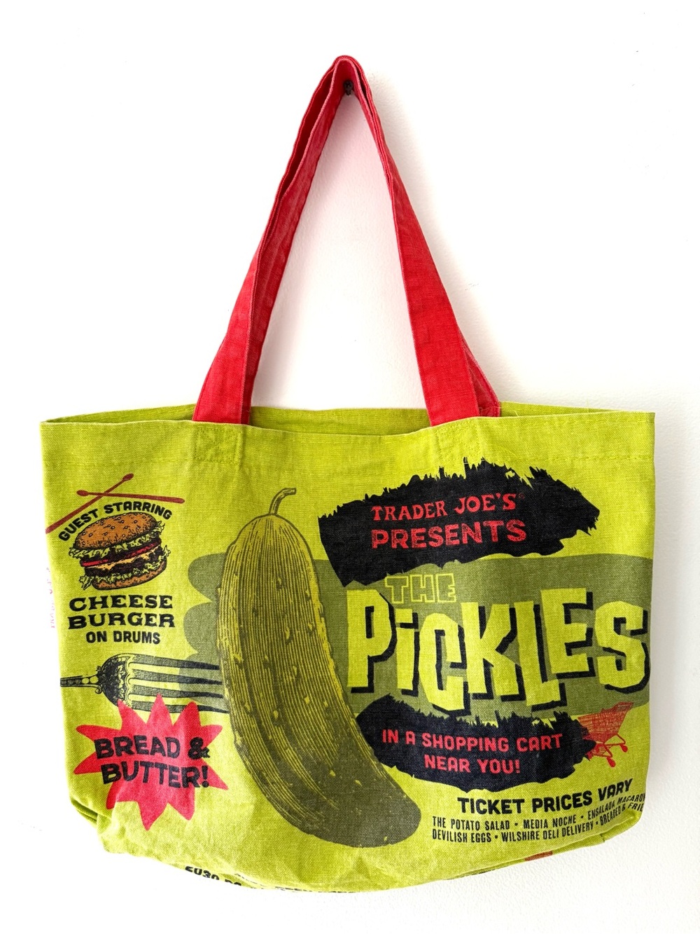 Trader Joes Pickles Canvas Tote Bag Retro Pop Art Reusable Grocery Shopping EUC